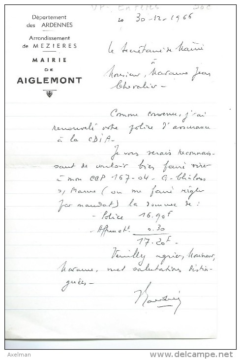 LETTRE : Mairie De AIGLEMONT - Altri & Non Classificati