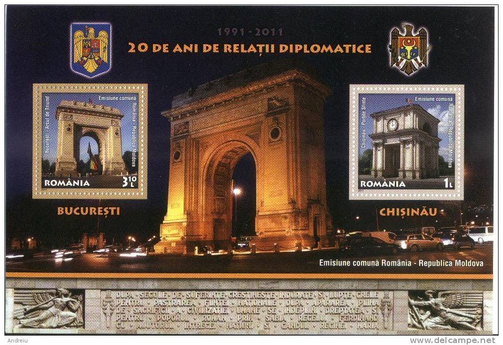 2011 Romania Roumanie Rumanien Joint Issue With Moldova 20 Years Of Diplomatic Relations 2v. Souvenir Sheet - Nuovi