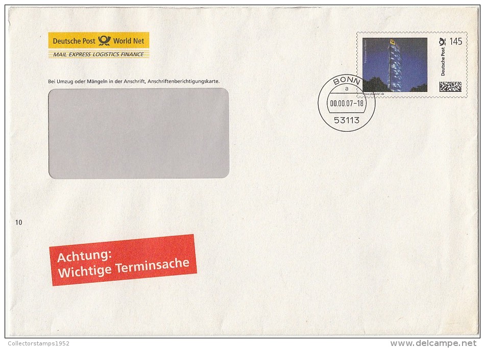 126FM- BONN POSTAL OFFICE, COVER STATIONERY, ENTIER POSTAUX, 2007, GERMANY - Buste - Usati