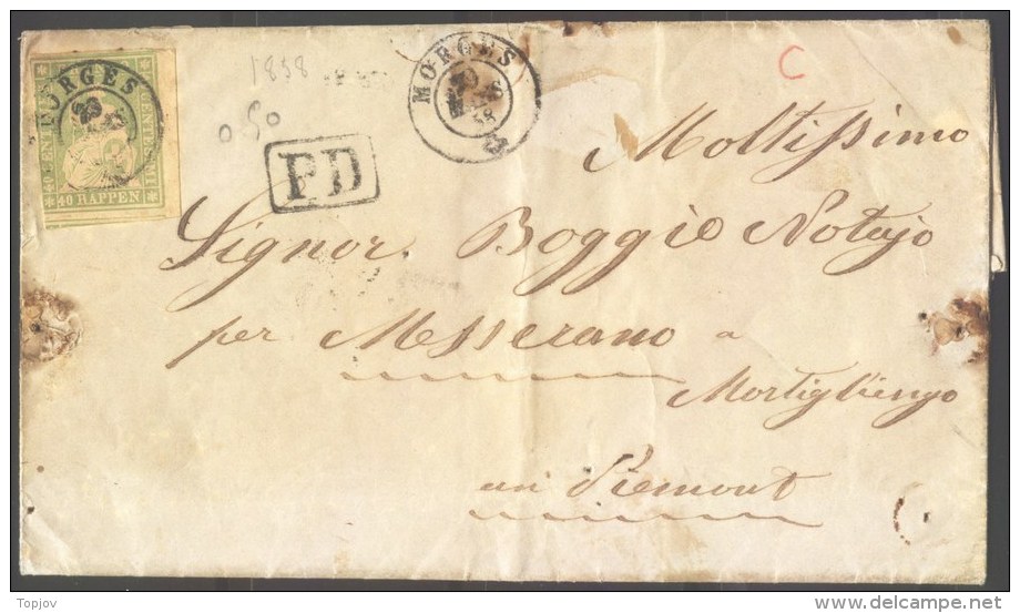 SWITZERLAND - STRUBEL - MORGES Via GENEVE To TORINO  - Mi. 17I Edge Position - 1858 - Lettres & Documents