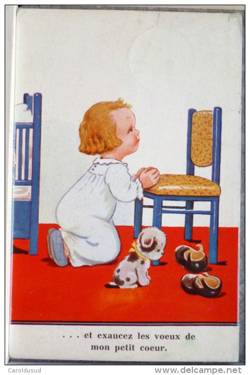 Litho Illustrateur SCHEUERMANN ENFANT Fille Chien Priere Lit Voeux Petit Coeur 1938 Laeken Camp Scout Liedekerke - Scheuermann, Willi