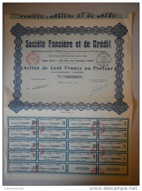 Actions Titres  Société Foncière Et De Crédit   émis Le 5 Janvier 1926 PARIS - Banque & Assurance