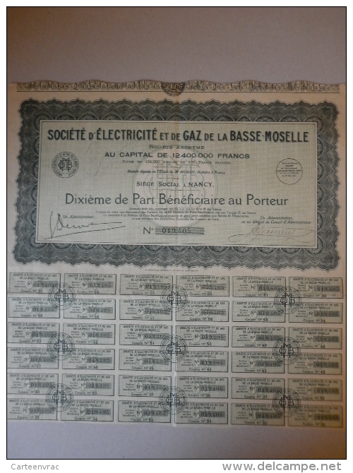 Actions Titres SICIETE D'ELECTRICITE Et De GAZ De La BASSE MOSELLE émis Le 21 Mai 1925 - Electricité & Gaz