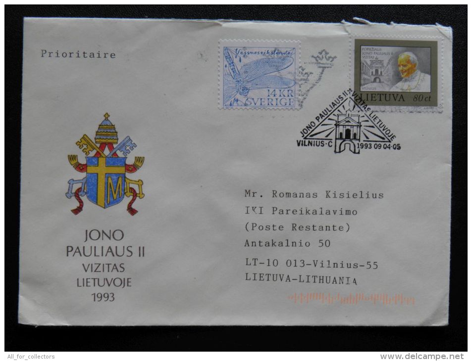 Cover Sent From Sweden To Lithuania, Fdc Cover From Lithuania Pope John Paul II Mixed Insect Butterfly Sverige Stamp - Variétés Et Curiosités