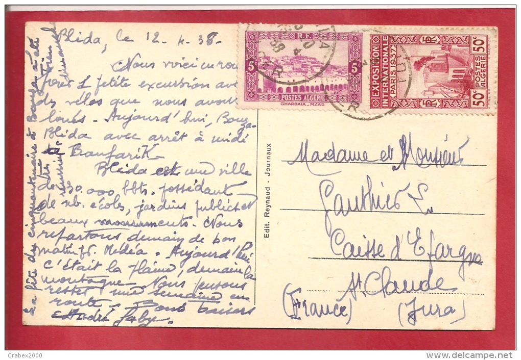 N°Y&T  104+127  BLIDA       Vers    FRANCE  Le       12  AVRIL   1938  2 SCANS - Storia Postale