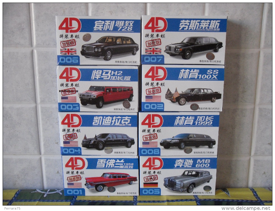 4D LOTTO 8 PCS MODEL KIT SCALA 1:87 H0 HUMMER LINCOLN BENTLEY ROLLS ROYCE NUOVI