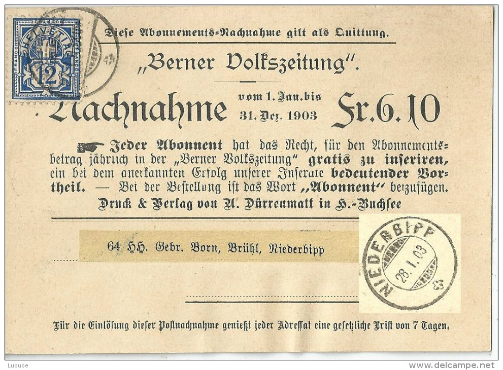 NN Karte  "Berner Volkszeitung"  Herzogenbuchsee - Niederbipp        1903 - Covers & Documents