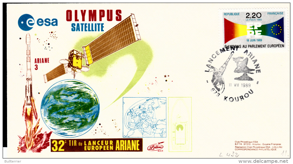 SPACE - FRANCE- 1989- OLYMPUS SATELLITE  LOLLINI COVER WITH KOUROU  POSTMARK - Europe