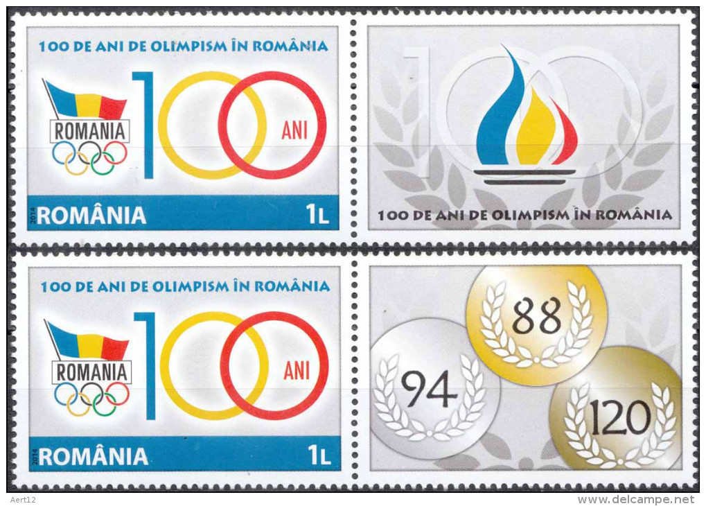 ROMANIA, 2014, 100 YEARS OF OLYMPISM , Olympic Games, Flag, Sport, 2 Sets + Label, MNH (**), LPMP 2039 - Andere & Zonder Classificatie