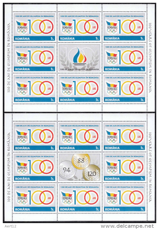 ROMANIA, 2014, 100 YEARS OF OLYMPISM , Olympic Games, Flag, Sport, 2 Sheets, Type I+II, MNH (**), LPMP 2039 - Ongebruikt