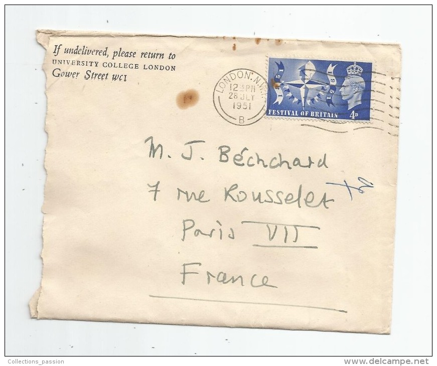 Lettre , GRANDE BRETAGNE , LONDON B , 1951 , If Undlivered , Please Return To University College London - Marcophilie