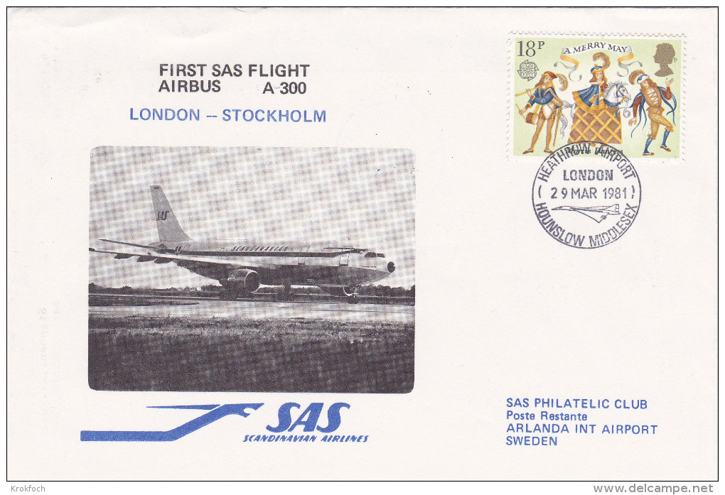 London Heathrow Stockholm 1981 - 1er Vol First Flight - Erstflug - SAS Airbus - Concorde - Lettres & Documents