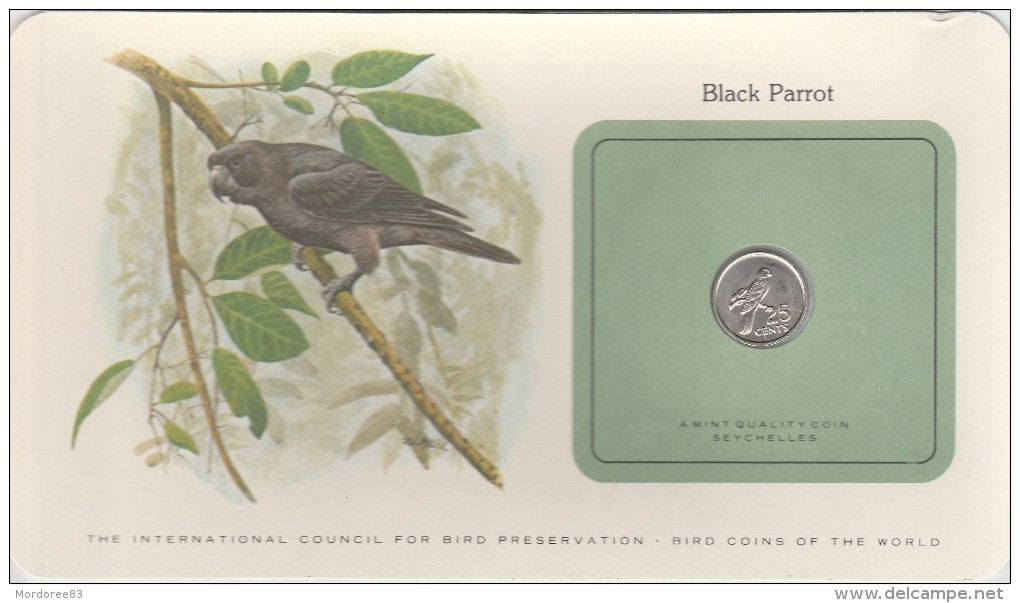 Seychelles Carte + Piece Monnaie "Bird Coins Of The World" Franklin Black Parrot Perroquet Noir 25 Cents 1977 - Seychelles