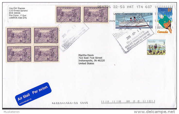 Canada Airmail Par Avion Label POINTE-CLAIRE (Que.) 2005 Cover Lettre To INDIANAPOLIS USA 4-Block & Ship Schiff Stamps - Poste Aérienne