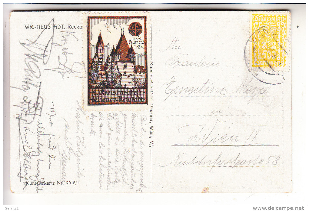A 2700 WIENER NEUSTADT, Reckturm, Künstler-Karte, Vignette Kreisturnfest 18.-20. Juli 1920 - Wiener Neustadt
