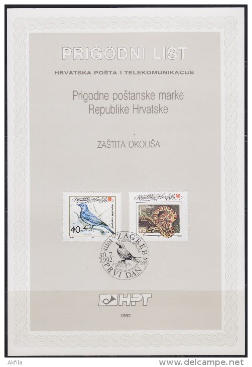 R3. Croatia, 1992, Environmental Protection, First Day Card - Kroatien