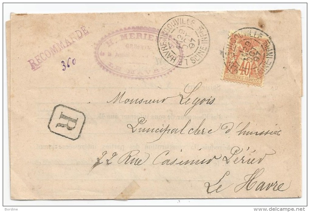 - Lettre - SEINE INFER. - LE HAVRE - INGOUVILLE Càd S/TP Sage N°94 -  RECOMMANDEE - 1897 - 1876-1898 Sage (Type II)