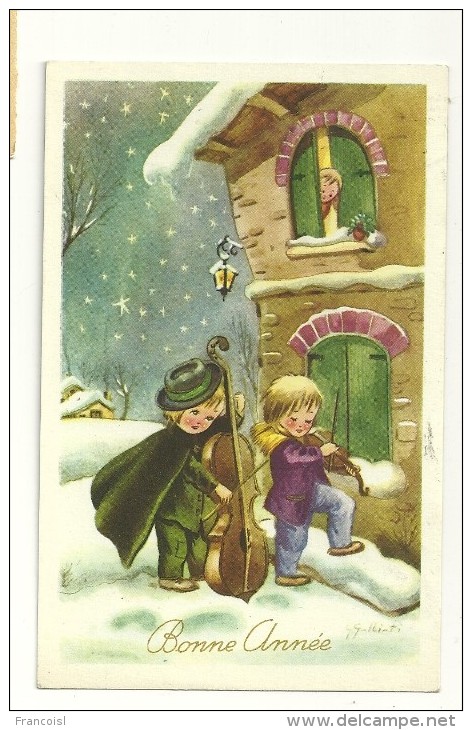 Bonne Année. Deux Enfants Musiciens Dans La Neige. Signée Galbiati. 1961. JC - Autres & Non Classés