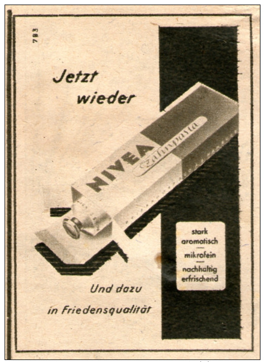 Original-Werbung/Inserat/ Anzeige 1949 - NIVEA ZAHNPASTA FRIEDENSQUALITÄT - Ca.50 X 70 Mm - Werbung