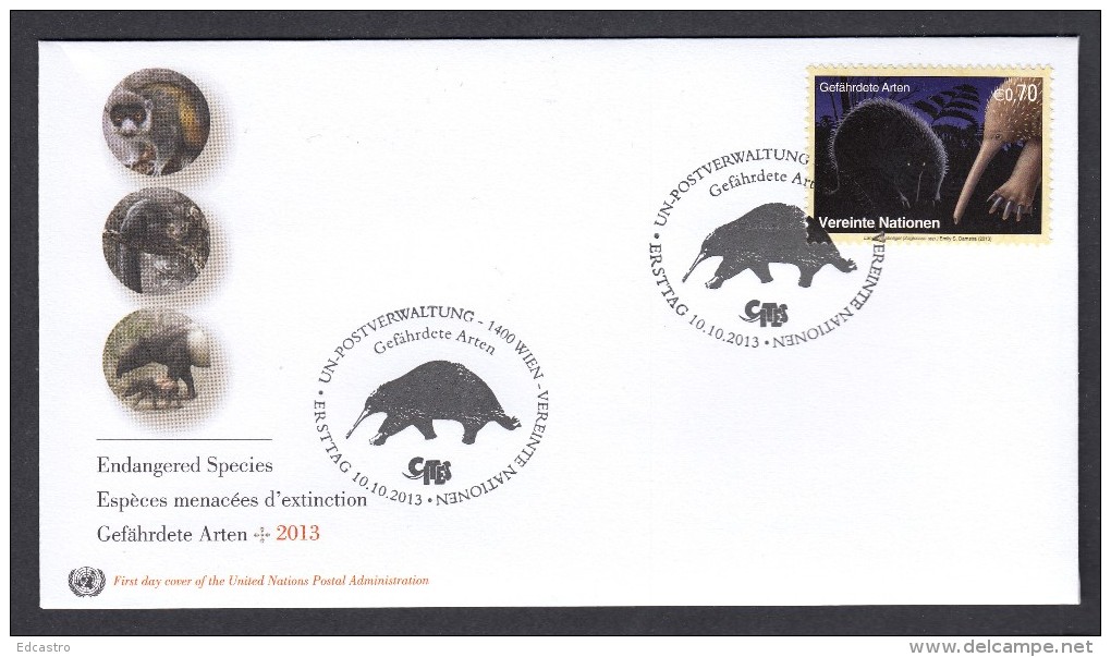 United Nations 2014 FDC. ENDANGERED SPECIES. WILD CAT. The Long-beaked Echidnas (genus Zaglossus) - FDC