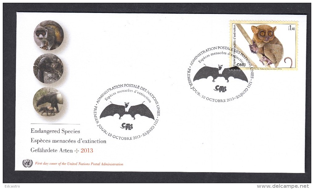 United Nations 2014 FDC. ENDANGERED SPECIES. .Bat And The Philippine Tarsier (Carlito Syrichta) - FDC