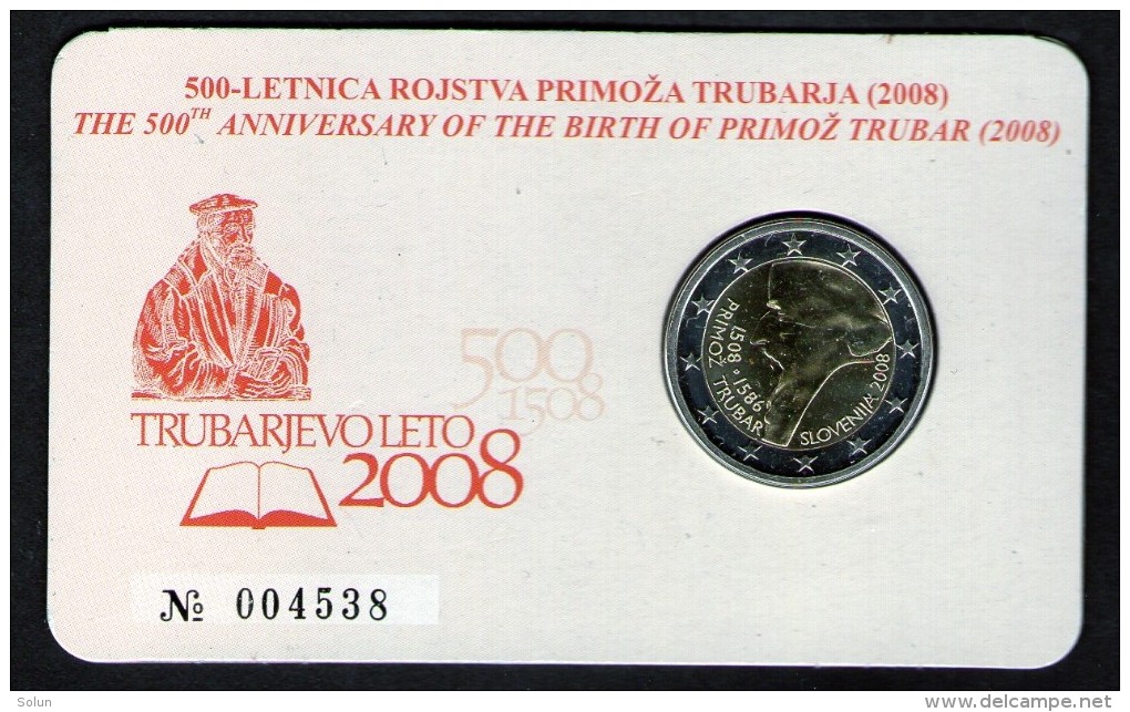 SLOVENIJA SLOVENIA BI-METALLIC COMMEMORATIVE  2 EUR 2008 PRIMOZ TRUBAR PROOF COIN CARD - Slovenia