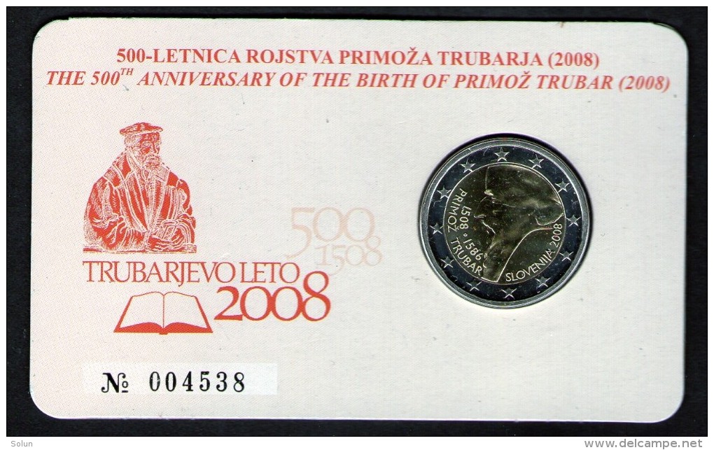 SLOVENIJA SLOVENIA BI-METALLIC COMMEMORATIVE  2 EUR 2008 PRIMOZ TRUBAR PROOF COIN CARD - Slovénie