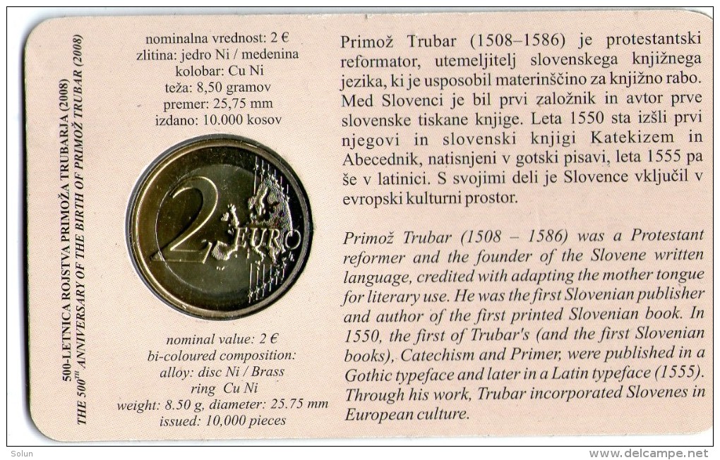 SLOVENIJA SLOVENIA BI-METALLIC COMMEMORATIVE  2 EUR 2008 PRIMOZ TRUBAR PROOF COIN CARD - Slovénie