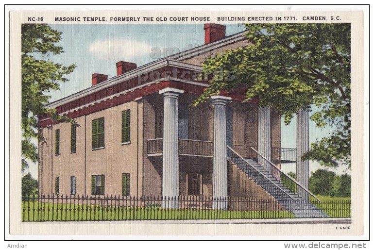 CAMDEN SOUTH CAROLINA SC, MASONIC TEMPLE, FORMELY OLD COURT HOUSE, C1950s Vintage Postcard - Camden