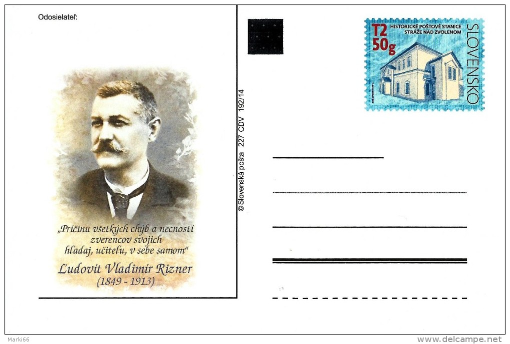 Slovakia - 2014 - 165th Birth Anniversary Of L. V. Rizner, Slovak Writer - Postcard With Original Stamp And Hologram - Postales