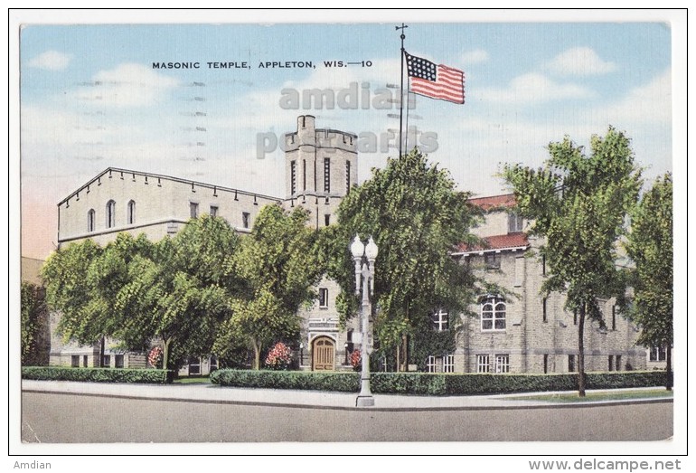 APPLETON WI, MASONIC TEMPLE BUILDING - 1950s Vintage Linen Wisconsin Postcard - Appleton