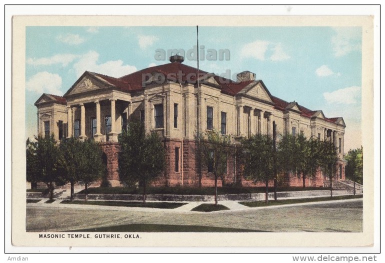 GUTHRIE OKLAHOMA OK , MASONIC TEMPLE BUILDING - 1920s-1930s Vintage Color Postcard - Guthrie