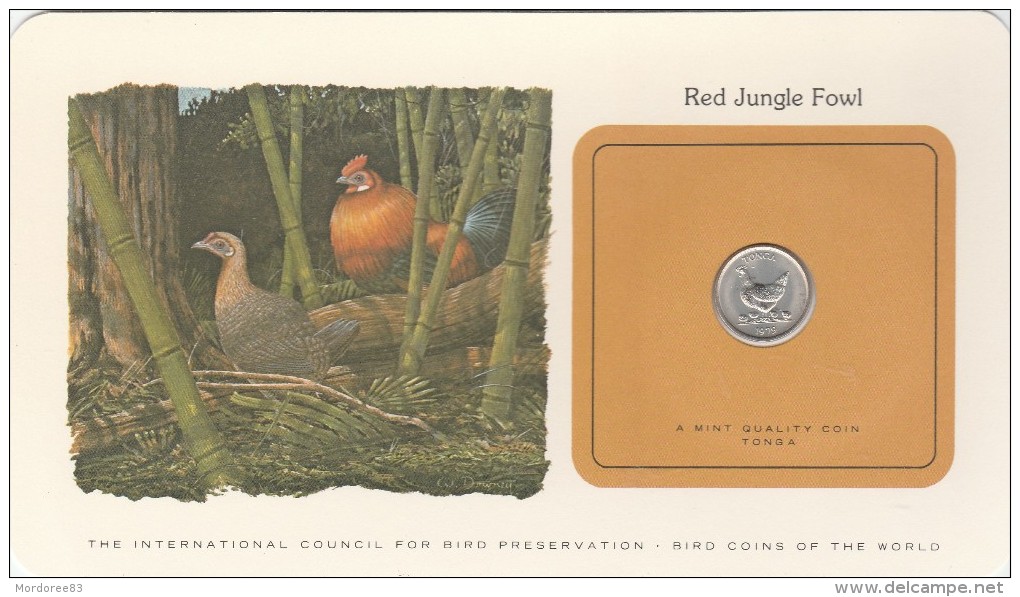 TONGA BIRD COINS OF THE WORLD RED JUNGLE FOWL LE COQ SAUVAGE CARTE NUMISMATIQUE OISEAUX FRANKLIN 5 SENITI 1979    Tda20a - Tonga