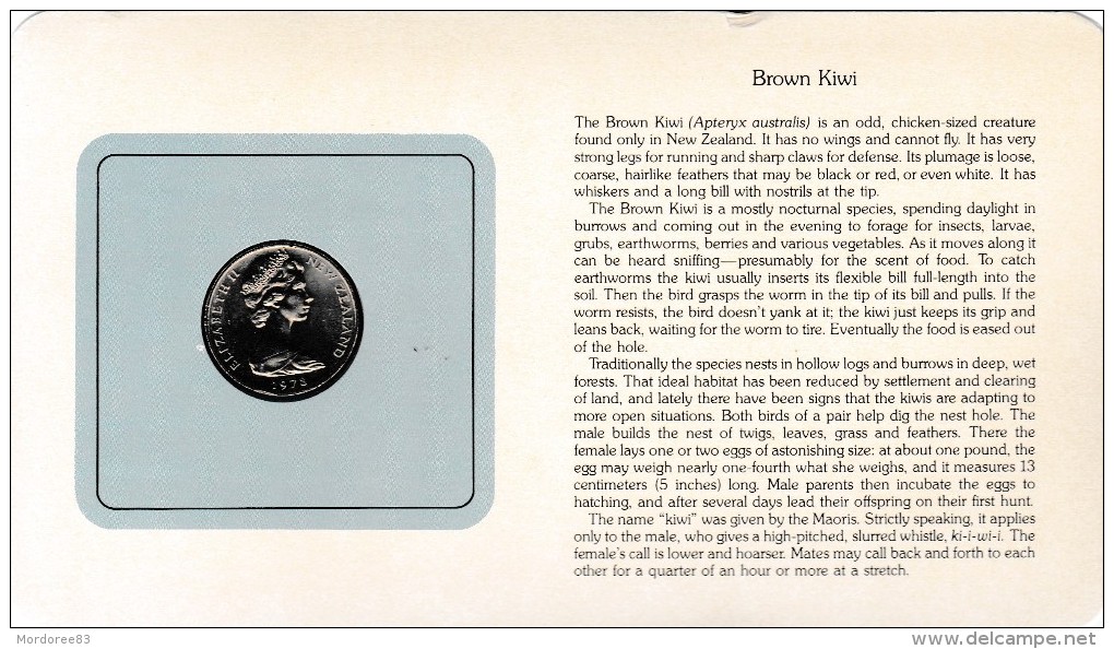 NOUVELLE ZELANDE BIRD COINS OF THE WORLD BROWN KIWI  CARTE NUMISMATIQUE OISEAUX FRANKLIN 1978/20    Tda20a - New Zealand