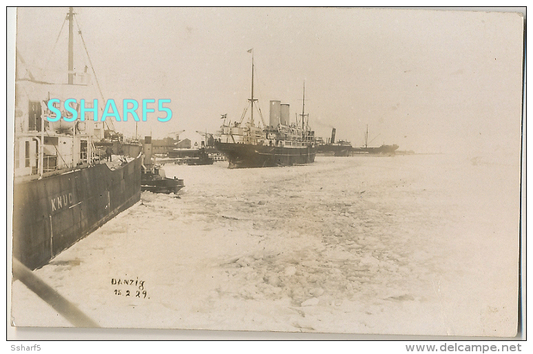 DANZIG HARBOR GDANSK Real Photo 1929 Ships S/S Knud And East Asiatic Steamer Lithuania Baltic America Line Stuck In Ice! - Poland