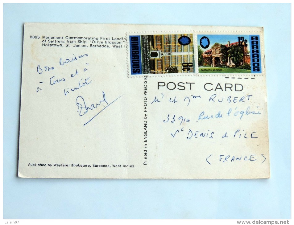 Carte Postale Ancienne : BARBADOS , St James , Monument Commemorating First Landing , 2 Stamps - Barbades