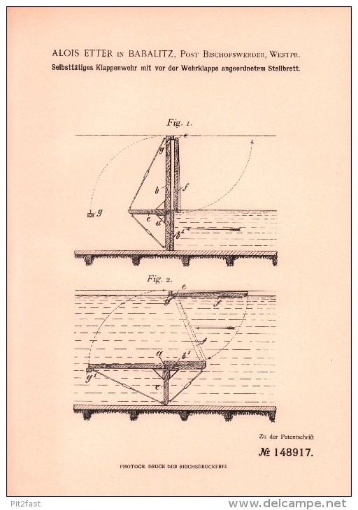 Original Patent - Alois Etter In Babalitz B. Bischofswerder / Biskupiec , 1902 , Klappenwehr , Staudamm , Westpreussen - Westpreussen