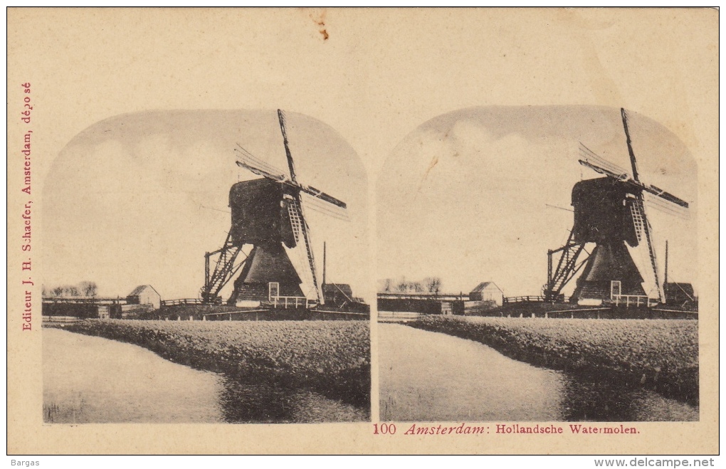 Carte Stereo Hollande Holland Amsterdam Watermolen Moulin - Stereoscope Cards