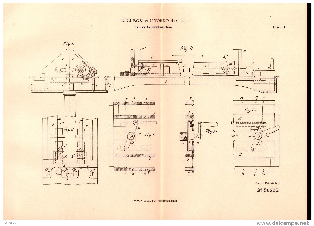 Original Patent -  Luigi Bosi In Livorno / Italia , 1888 , Macchina Per Maglieria !!! - Documentos Históricos