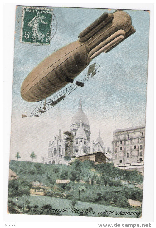 AVIATION -  DIRIGEABLE  - Le Dirigeable " Ville De Paris " Au Dessus De Montmartre - Zeppeline