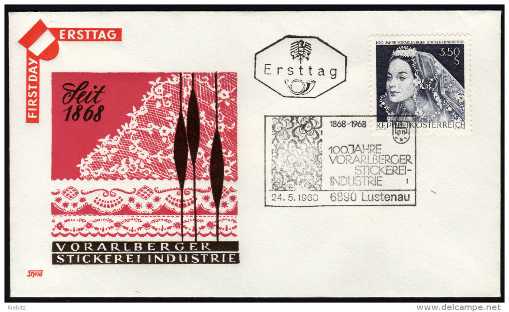 ÖSTERREICH 1968 - Spitzen / 100 J. Vorarlberger Stickerei Industrie - Sonderstempel FDC - Textiel