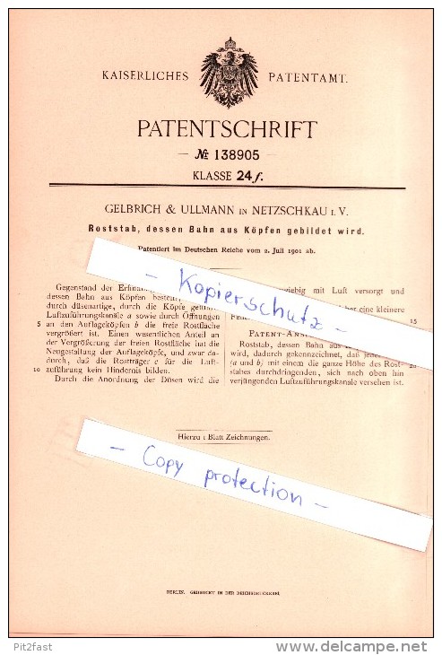 Original Patent - Gelbrich & Ullmann In Netzschkau I. Vogtland , 1901 , Roststab , Rost , Metallbau !!! - Vogtland