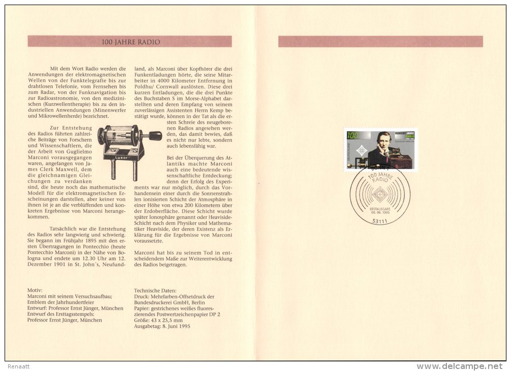 Germany 1995 Mi. 1803 FDC Folder, 100 Year Radio, Guglielmo Marconi, Engineer And Physicist, Nobel Prize - Télécom