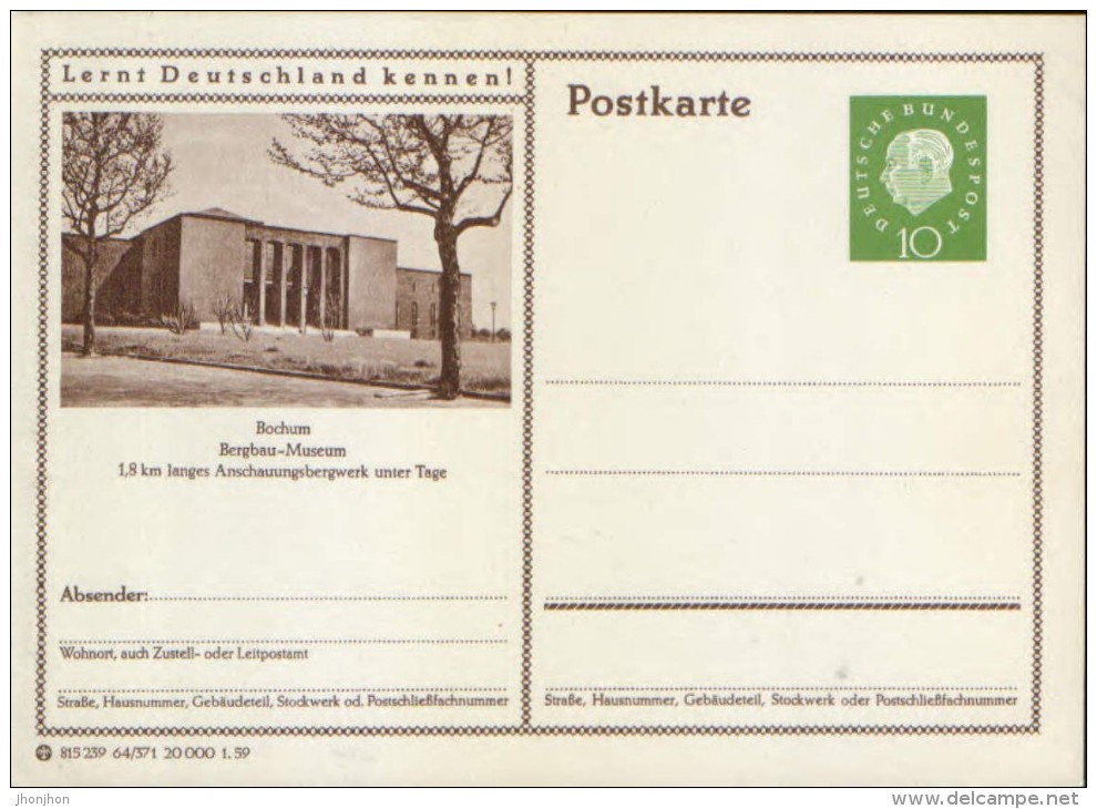 Germany/Federal Republic - Postal Stationery  Postcard Unused 1959 - P41 - Bochum Bergbau Museum - Cartes Postales - Neuves