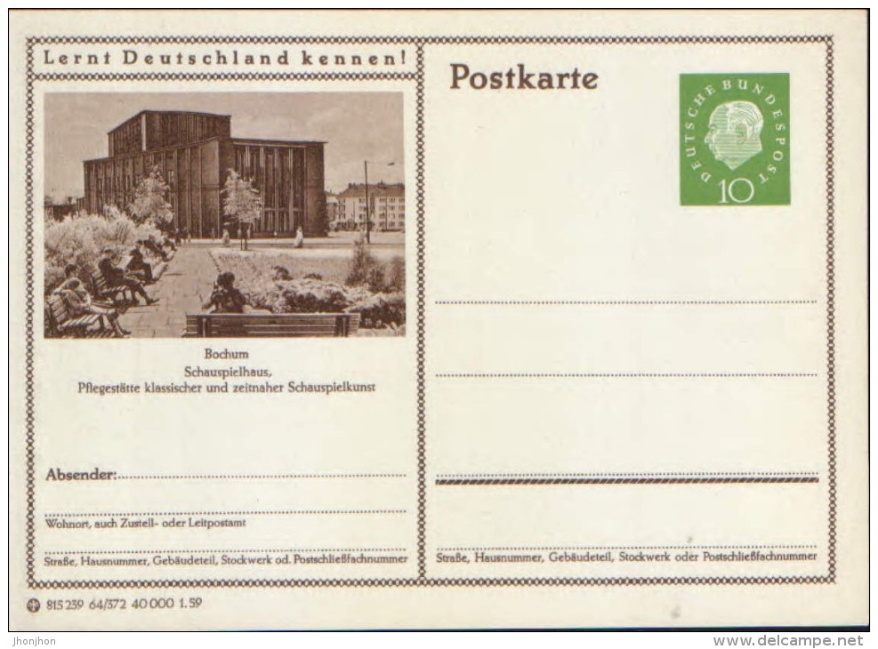 Germany/Federal Republic - Postal Stationery  Postcard Unused 1959 - P41 - Bochum, Schauspielhaus - Postcards - Mint