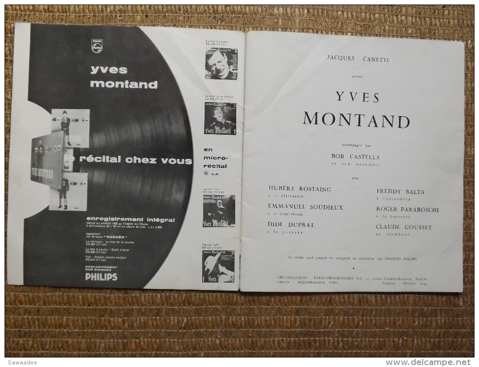 PROGRAMME - RECITAL - YVES MONTAND - 1958 - JACQUES CANETTI - JACQUES PREVERT - PUBLICITES - PHOTOGRAPHIES - 14 PAGES - Objets Dérivés