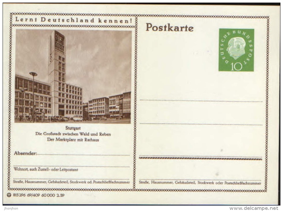 Germany/Federal Republic - Postal Stationery  Postcard Unused 1959 - P41 - Stuttgart,Der Marktplatz Mit Rathaus - Postkarten - Ungebraucht