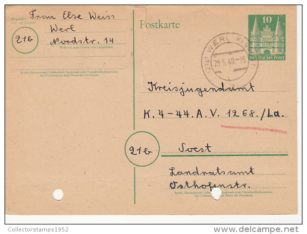 1088- CASTLE GATE, POSTCARD STATIONERY, 1949, GERMANY - Umschläge - Ungebraucht