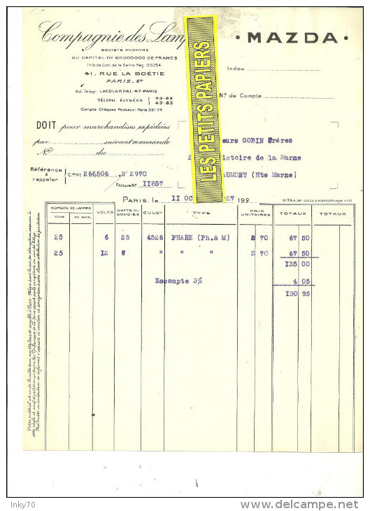 75 - Paris - PARIS-8e - Facture COMPAGNIE DES LAMPES MAZDA – 1927 - REF 86 - 1900 – 1949