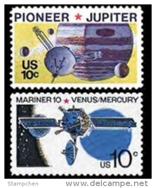 1975 USA Space Stamps #1556-57 Pioneer Jupiter Mariner 10 Venus Mercury Telecom - USA